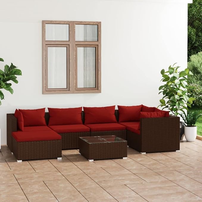 7 Piece Patio Lounge Set with Cushion, Outdoor Patio Sectional Patio Lounge Set Furniture Conversation Sets Piece Patio Set s Poly Rattan Brown