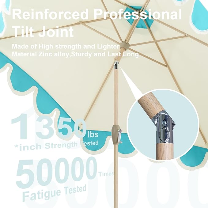 Tempera 9ft Scalloped Beige Spliced Blue Patio Umbrellas with Fringe, Market Umbrellas with Water-Resistant and Fade Resistant Canopy, 1.5" Wood Pole & Button Tilt