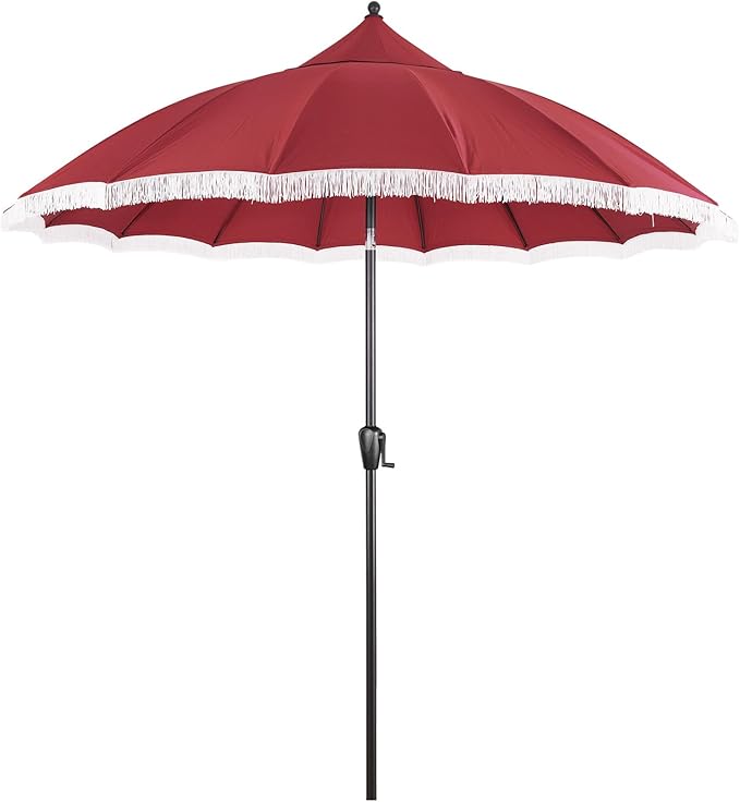 9' Patio Umbrella with Burgundy Canopy and White Fringe Accents, Black Frame Market Umbrella for Patio, Deck, and Backyard by Sun-Ray