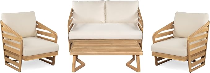 Acacia Wood 4-Pieces Patio Conversation Set, All Weather Sectional Sofa Set w/ 2 Club Chairs, Loveseat and Table, Outdoor Furniture Set with Zipper Cushions, Unique Frame Design