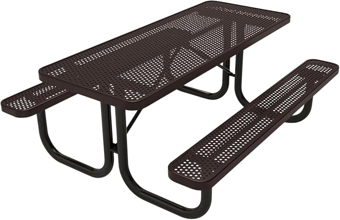 COATEDOUTDOORFURNITURE Heavy-Duty Portable Outdoor Picnic Table, Thermoplastic Coated Punched Steel Commercial-Grade Patio Dining Furniture Made in America (6ft Rectangular, Brown)
