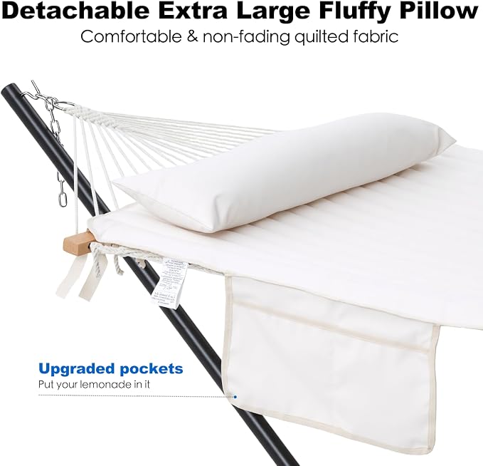 GAFETE 2 Person Hammock with Stand for Outside, 52inch Double Cotton Rope Hammock with Polyester Pad, Heavy Duty Steel Stand, Large Removable Pillow, Storage Bag, Max 475 lbs Capacity (Cream with Pad)