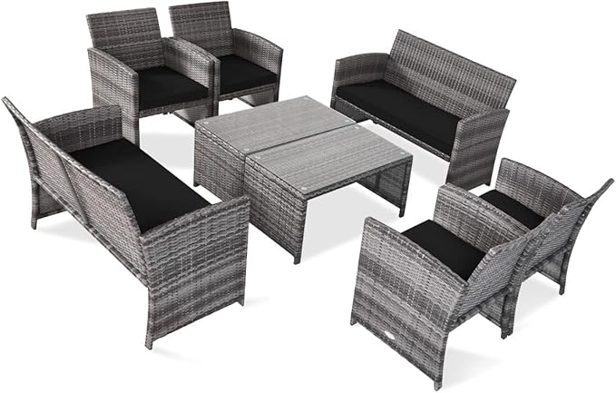 COSTWAY Patio Furniture Set 8 Pieces, Outdoor Wicker Chairs Sofa w/Coffee Table and Soft Cushions, Rattan Conversation Sets for Patio Lawn Backyard Yard Pool Garden, Black