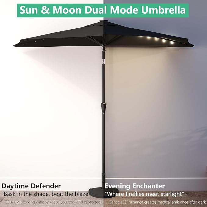 Helios&Hestia 9 ft Small Half Round Solar Powered Wall Outdoor Market Patio Umbrella with LED Lights and Tilt for Garden, Deck, Balcony
