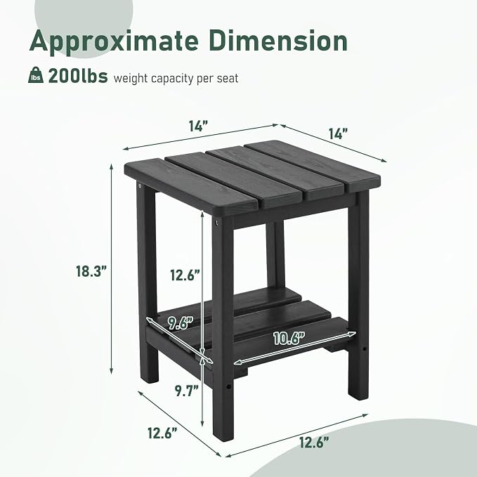 Furnimart Adirondack 2-Layer Square Outdoor Side Table, Extra-Thick HDPE Weather-Resistant Small Patio Table, Black Outdoor End Table for Garden Balcony Yard Deck Poolside(Black)