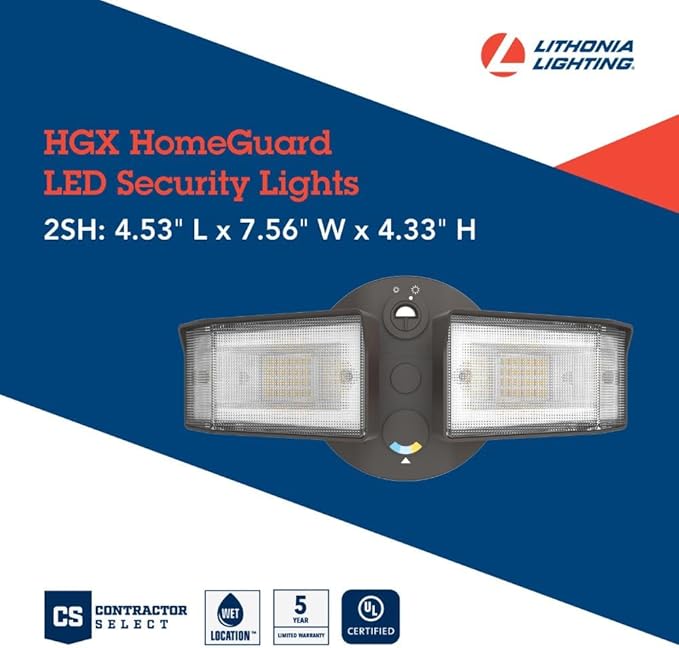 Lithonia Lighting HomeGuard 2-Light LED Outdoor Flood Lights, Outdoor LED Lights, Dusk to Dawn Sensor, Adjustable Lumens, Selectable Color, Square Heads, Dark Bronze (HGX LED 2SH ALO SWW2 120 PE DDB)
