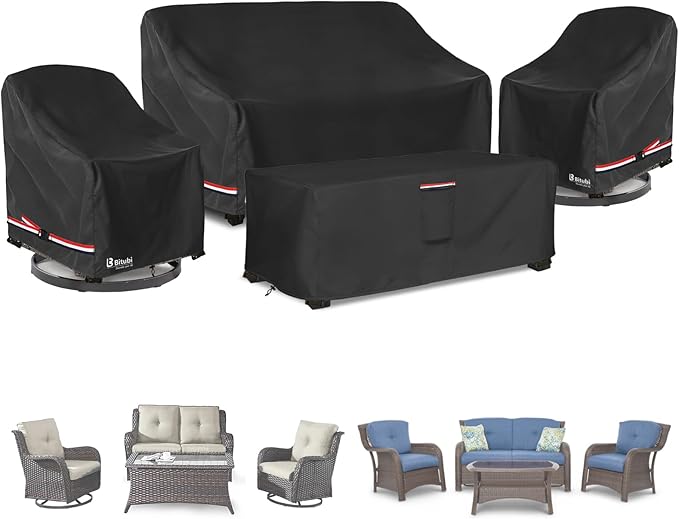 Bitubi Outdoor Waterproof Patio Furniture Covers 4-Piece Set for Swivel Rocker Chairs, Patio Loveseat 58in, Coffee Table 48in, Heavy Duty 600D Tough Canvas, Black
