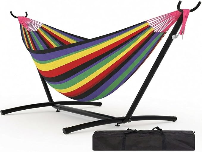 Double Hammock with Steel Stand, Outdoor Portable Hammocks Accommodates with 450Lb Capacity 2 People& Portable Carry Bag for Outside Camping Garden Yard,Rainbow