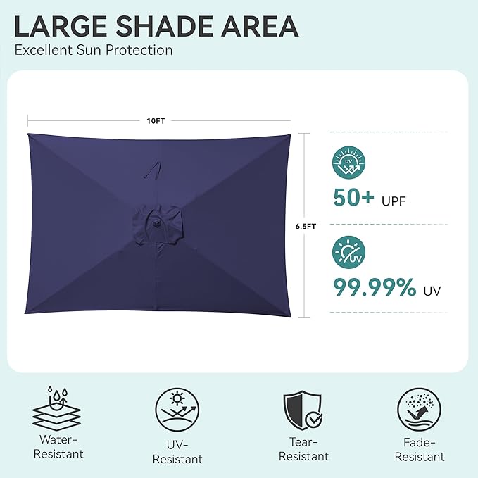 Rectangular Patio Umbrella, 6.5 x 10 ft Rectangle Table Umbrellas w/Heavy Duty Ribs, Effortless Crank and Push Button Tilt, Wind Resistant Sun Umbrella for Outdoor Patio, Navy Blue