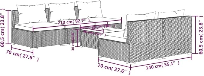 6 Piece Patio Lounge Set with Cushions, Sectional Sofa Patio Conversation Set Front Porch Furniture Outdoor Dining Sets for Garden Poolside Exhibition Piazza Poly Rattan Gray