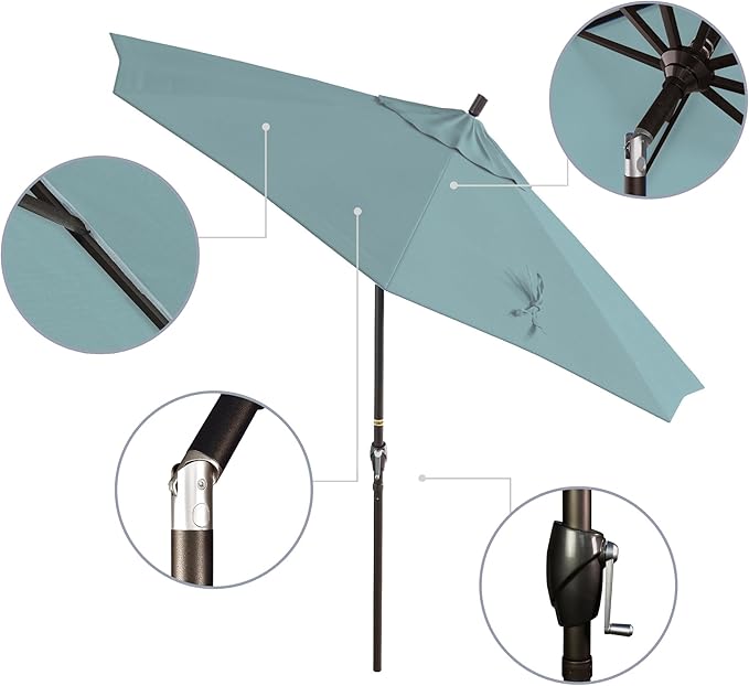 California Umbrella 9' Round Aluminum Market Umbrella, Crank Lift, Push Button Tilt, Bronze Pole