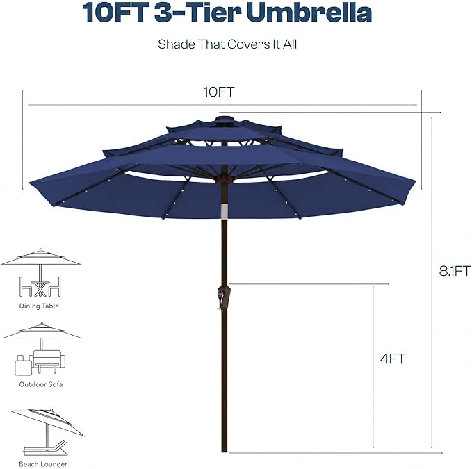 10ft 3-Tier Patio Umbrella with 32 Solar Powered LED Lights, Windproof Outdoor Market Umbrella for Deck, Poolside & Garden, Sturdy Push-Button Tilt Table Umbrella, Navy Blue