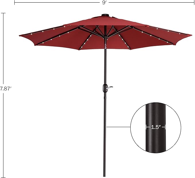 Pure Garden Patio Umbrella with Solar Lights - 9 Ft Outdoor Umbrella Shade with 32 LEDs and Auto Tilt for Deck, Table, Backyard, or Pool by Villacera (Red)