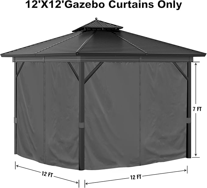 12'x12' Privacy Gazebo Curtains Outdoor Waterproof, 4-Panel Sidewall Curtains Universal Replacement with Zipper for Patio, Backyard, Garden (Grey)