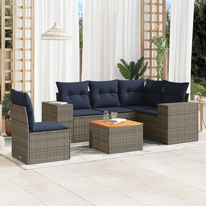 vidaXL Patio Sofa Set with Cushions 6 Piece, Outdoor Conversation Set, Sectional Sofa for Balcony Garden, Modern Style, Gray Poly Rattan