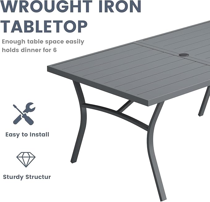 VICLLAX 7 Pieces Outdoor Dining Set, Patio Furniture Set Includes 63" Rectangular Metal Table W/ 1.9" Umbrella Hole and 6 Padded Textilene Swivel Chairs for Porch, Lawn, Garden, Backyard