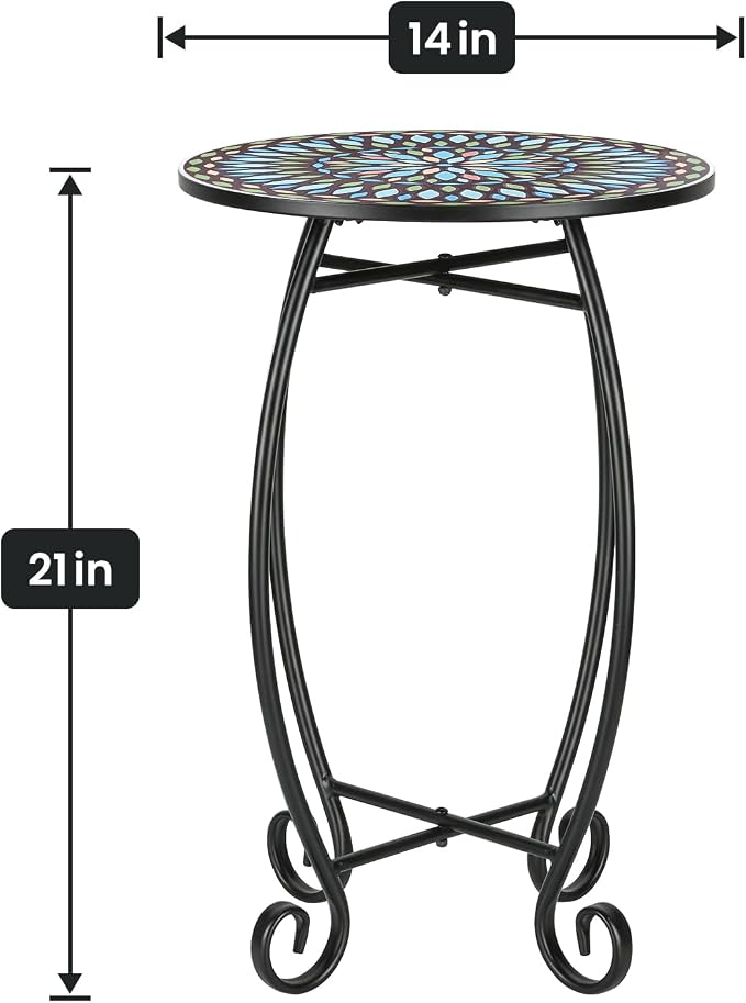 14" Round End Table, Unique Relief Ceramic Tile Tabletop with Metal Frame, Metal Scrollwork Accent Side Table