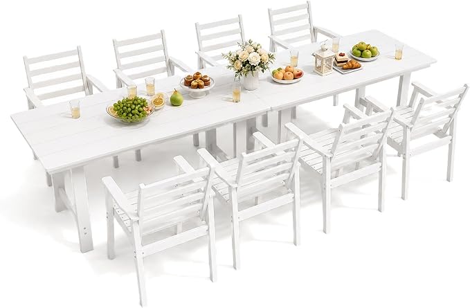 10 Piece HDPE Outdoor Dining Set for 8, Patio Dining Furniture Set with 2” Umbrella Hole, Weather Resistant Outdoor Table and Chairs for Garden, Poolside, Backyard, Deck