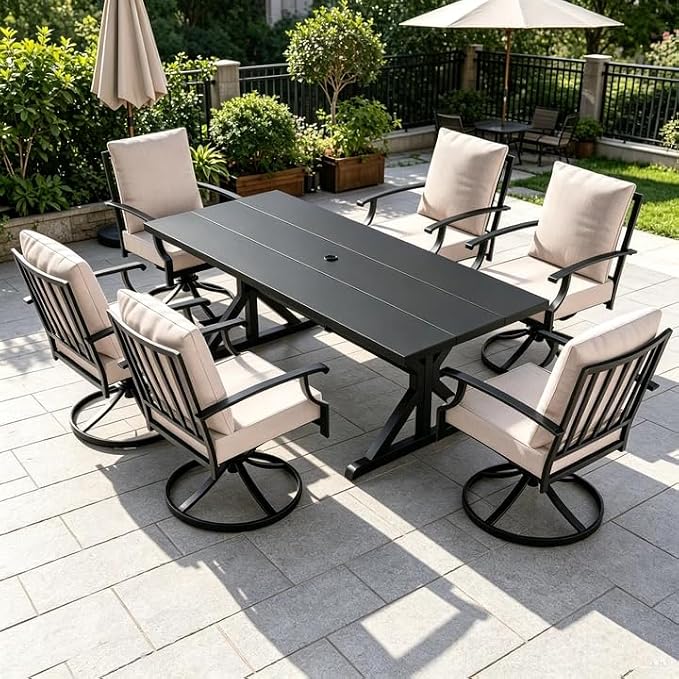 ALAULM 7-Piece Patio Dining Set,Outdoor Metal Dining Set with 6 Swivel Chairs & Rectangle Table with 1.5 Umbrella Hole, Patio Dining Table and Chairs for Backyard, Sand