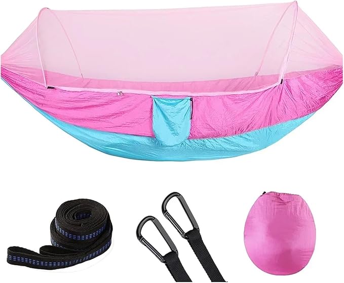 Hammock Camping Hammock with Mosquito Net Pop-Up Light Portable Outdoor Parachute Hammocks Swing Sleeping Hammock Camping Stuff Quick-Opening(Pink)
