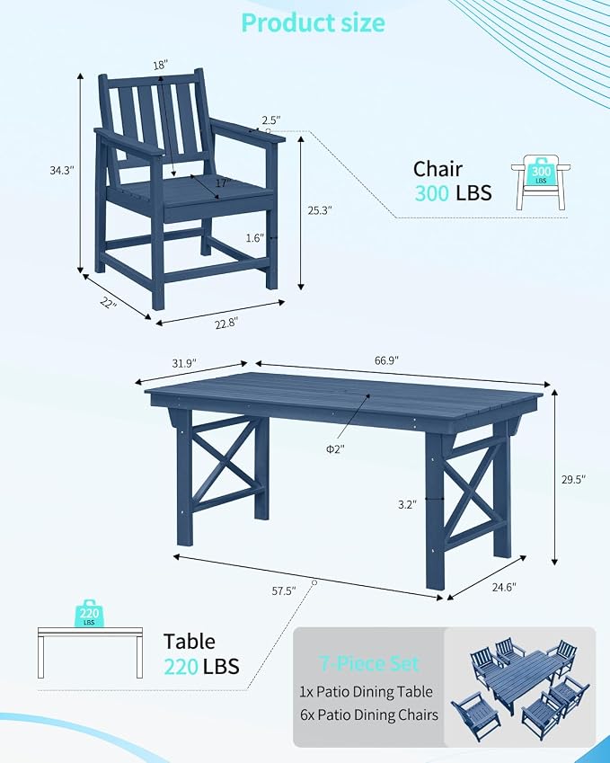 Outdoor Patio Dining Table Set, 7-Piece Outdoor HDPE Dining Furniture Sets with Umbrella Hole Cut-Out Table and 6 Chairs for Patio, Garden, Backyard, Lawn and Poolside, Navy