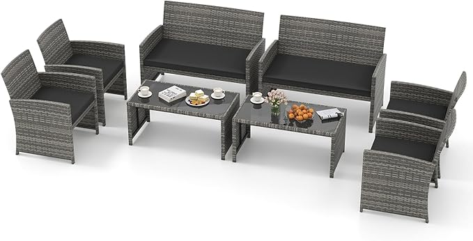 Tangkula 8 Piece Patio Wicker Furniture Set, Outdoor Heavy Duty Rattan Cushioned Chairs, Loveseat and Tempered Glass Coffee Table, for Backyard, Balcony, Poolside
