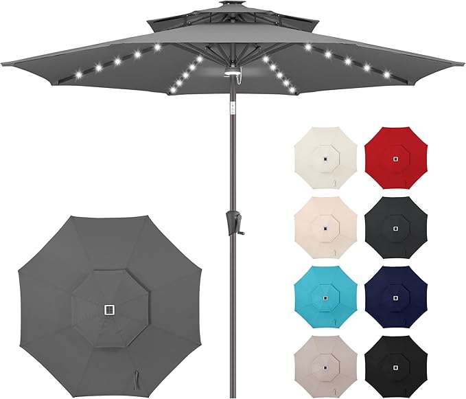 Jarka&Co 9ft Solar Patio Umbrella - 2 Tiers Solar Outdoor Umbrella with 40 LED Lights Waterprool UV Protection, Market Table Umbrella with Tilt for Backyard, Garden, Pool, Porch (Anthracite)