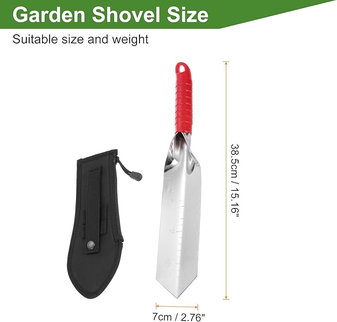 HARFINGTON Garden Hand Shovel 15.2 x 2.7 Stainless Steel Trowel Garden Tool with Sheath for Digging Planting Transplanting, Red & Black