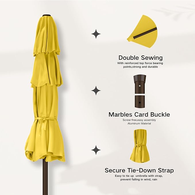 Kingdura 9ft 3-Tier Patio Umbrella with Solar Lights, Table Umbrella Outdoor Patio with Easy Crank & Tilt, 8 Sturdy Ribs, UV Protection, 32 LED Lights for Deck, Poolside, Market (Yellow)