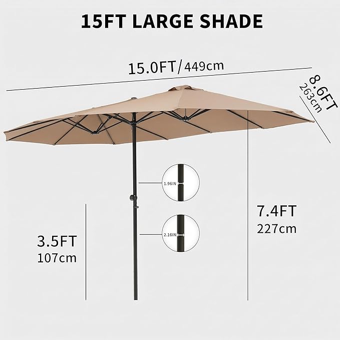 15FT Large Double Sided Patio Umbrella, Aluminum Crank and Heavy Duty Carbon Steel Ribs Outdoor Umbrellas, Fade Resistant Rectangular Market Umbrella for Pool, Deck, Commercial, Backyard, Patio, Rental, BBQ, Beige