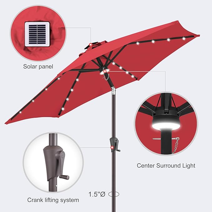 7.5ft Solar Umbrella Outdoor - Lighted Solar Patio Umbrella with 24 LED Lights Waterproof UV Protection, Table Umbrella with Tilt for Pool, Porch, Garden, Deck, Backyard (Red)