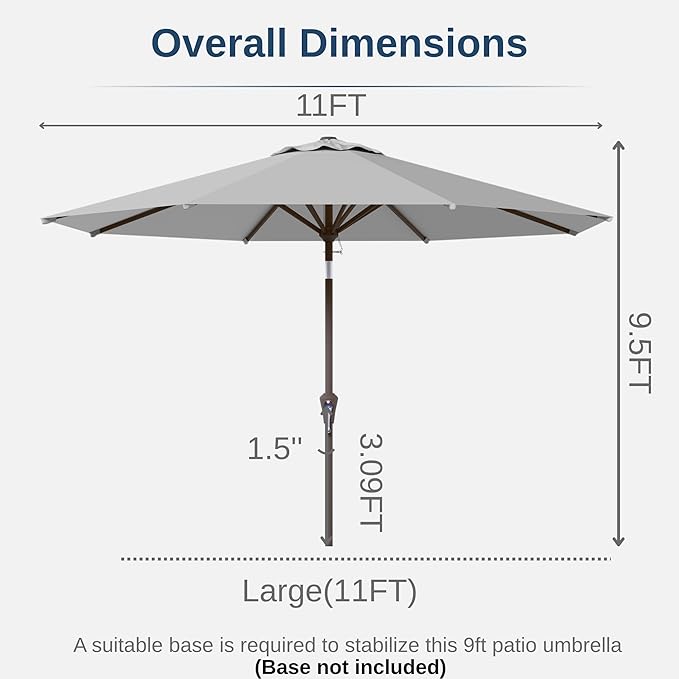 11FT Patio Umbrella, Outdoor Umbrella with with 8 Sturdy Fiberglass Ribs,Market Table Umbrella with Push Button Tilt and Crank,Suit for Backyard,Garden,Pool,Deck(Light Gray)