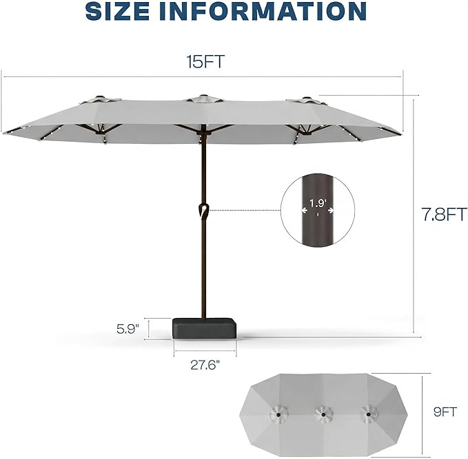 15FT Patio Umbrella with Solar Lights, Double-Sided Extra Large Outdoor Table Umbrella with Base Included, Heavy-Duty 12 Iron Ribs Market Umbrella for Garden, Pool, Backyard, Light Gray