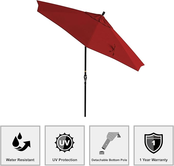 California Umbrella 9' Round Aluminum Market Umbrella, Crank Lift, Push Button Tilt, Black Pole, Red Olefin