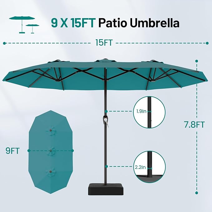 AreShark 15ft Patio Umbrella with Base, Double Sided Outdoor Umbrella with 12 Fiberglass Ribs, Large Outdoor Umbrella for Garden, Pool, Deck, Backyard & Market, Lake Blue