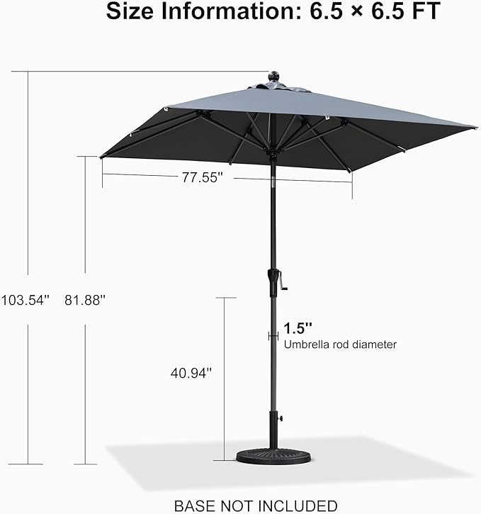 PURPLE LEAF 6.5' x 6.5' Square Patio Umbrella Outdoor Table Umbrella Aluminum Frame Market Umbrella Sun Umbrella with 8 Sturdy Ribs & Tilt for Garden Deck Lawn & Pool Gray