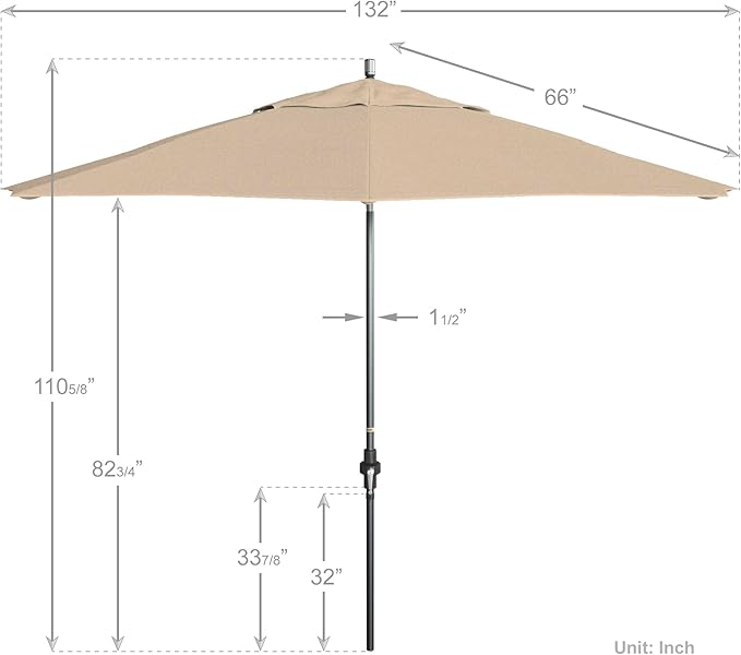 California Umbrella 11Ft Fiberglass Rib Patio Umbrella, Hand-Crank, Tilt-Collar, Gray Frame, Solution Dyed Beige Fabric
