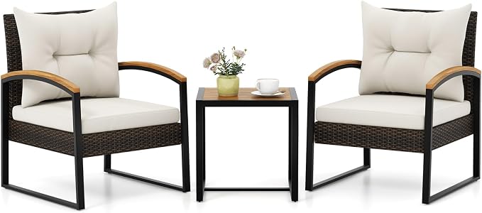 HAPPYGRILL 3 Pieces Patio Wicker Conversation Set with Acacia Wood Table, Outdoor PE Rattan Furniture Set for Poolside Backyard Lawn Garden