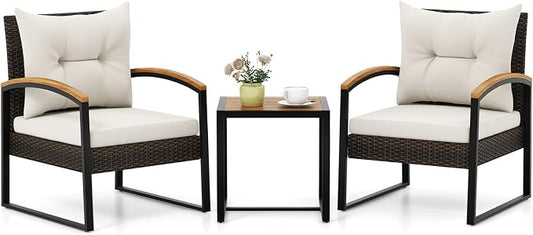 HAPPYGRILL 3 Pieces Patio Wicker Conversation Set with Acacia Wood Table, Outdoor PE Rattan Furniture Set for Poolside Backyard Lawn Garden