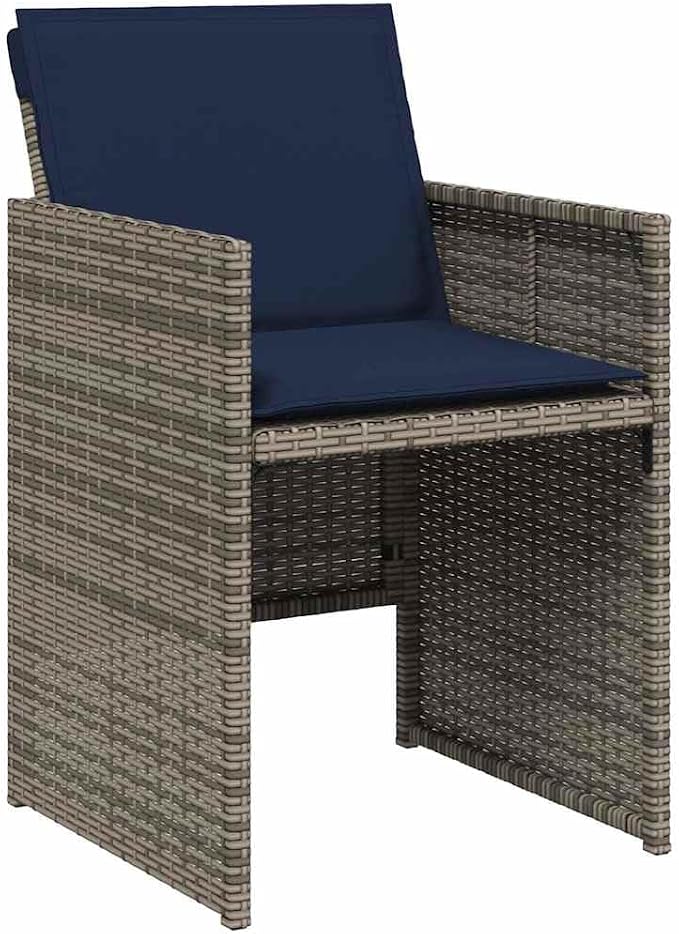 15 Piece Garden Dining Set with Cushions Grey Poly Rattan Outdoor Patio Furniture Set with 10 Folding Chairs Storage Stool Tempered Glass Table UV Resistant Max Load 110 kg Navy Blue