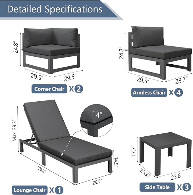 RADIATA 10 Pieces Aluminum Patio Furniture Set with Side Table, Morden Outdoor Sectional Sofa, Large Conversation Seat with Thick Cushion for Garden Backyard Deck Porch (Grey)