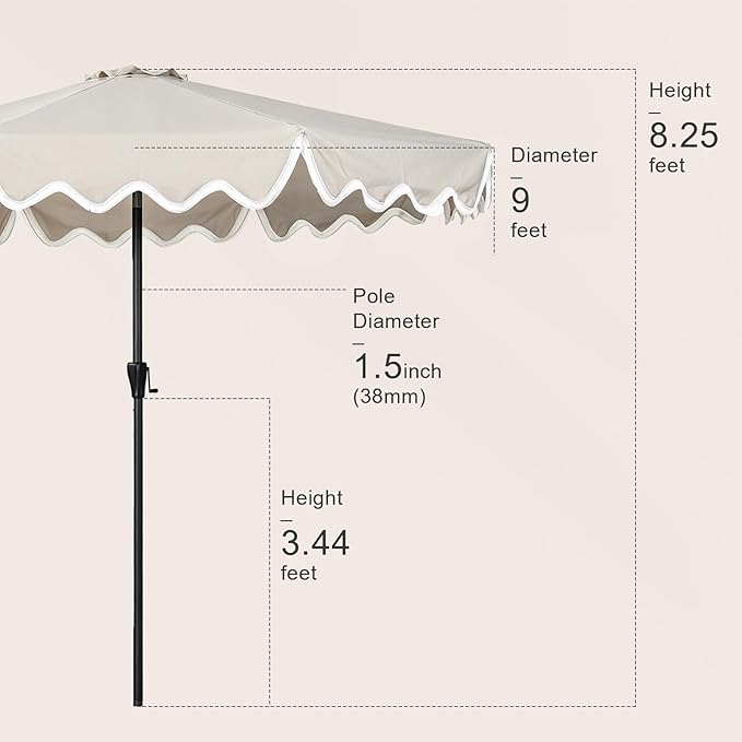 Tempera 9FT Scalloped Tassel Patio Umbrella, Outdoor Market Umbrellas with 8 Sturdy Ribs with Crank & Pust Button Tilt,Fade Resistant Canopy