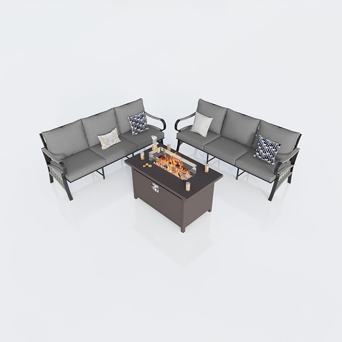 Outdoor Furniture Set, Patio Conversation Set Include 2 x 3-Seater and Fire Pit Table for Deck, Porch, Garden, Backyard, Poolside (Gray, 3-Piece)