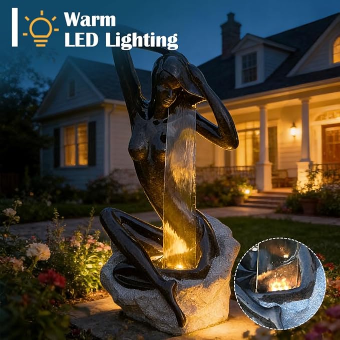40" H Modern Goddess of Fortune Seated Water Fountain with Glass and Led Light, Waterfall Outdoor/Indoor Zen Water Features Decor for Garden Patio Backyard Lawn Home