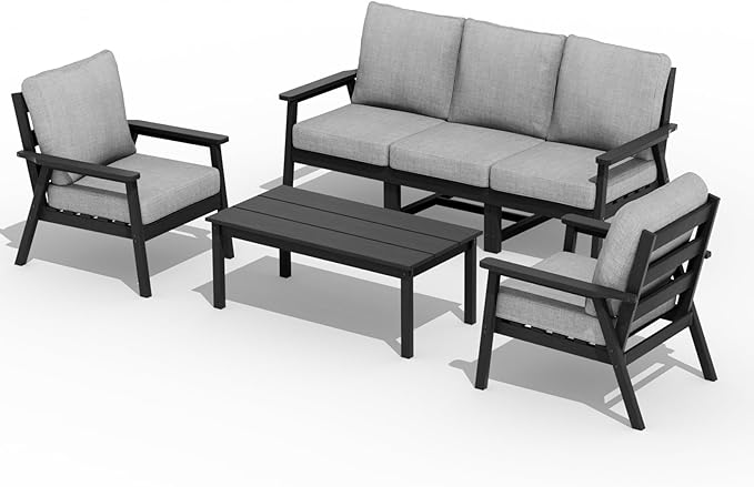 LOUNZY HDPE Patio Furinture Set, 6 Piece Sectional Sofa Outdoor Furniture Set, All Weather Outdoor Couch Set Patio Conversation Set for Deck, Lawn, Black