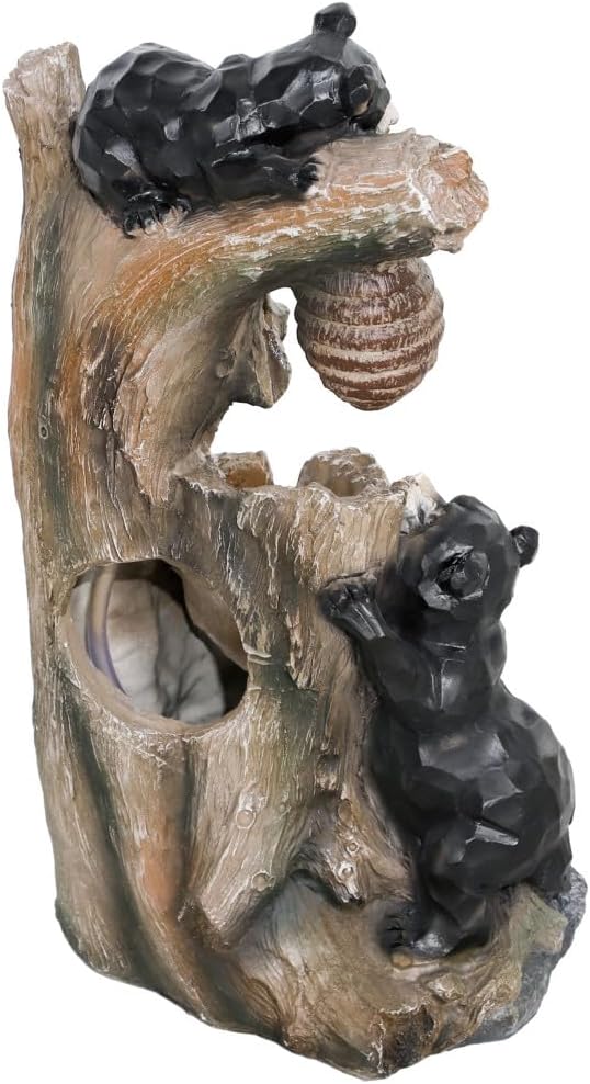 Outdoor Fountain, 3 Tier Resin Resin Bears and Honey Beehive Outdoor Waterfall Fountain with LED Lights, Pump