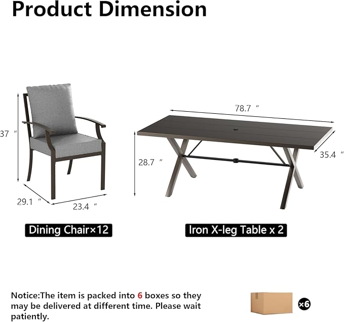 Kullavik 14 Pieces Outdoor Dining Set,Patio Dining Table and Chairs Set for 12,Fence Pattern Back Chairs with Thickened Cushions & Rectangular Metal Dining Table with Umbrella Hole for Patio,Grey