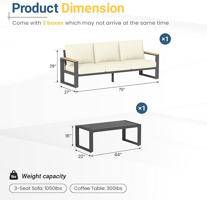 RoyalCraft Aluminum Outdoor Patio Furniture Set with Height-Adjustable Footrest, 3-Seats All-Weather Patio Sofa Sets with Coffee Table for Porch Backyard Garden Patio, Beige