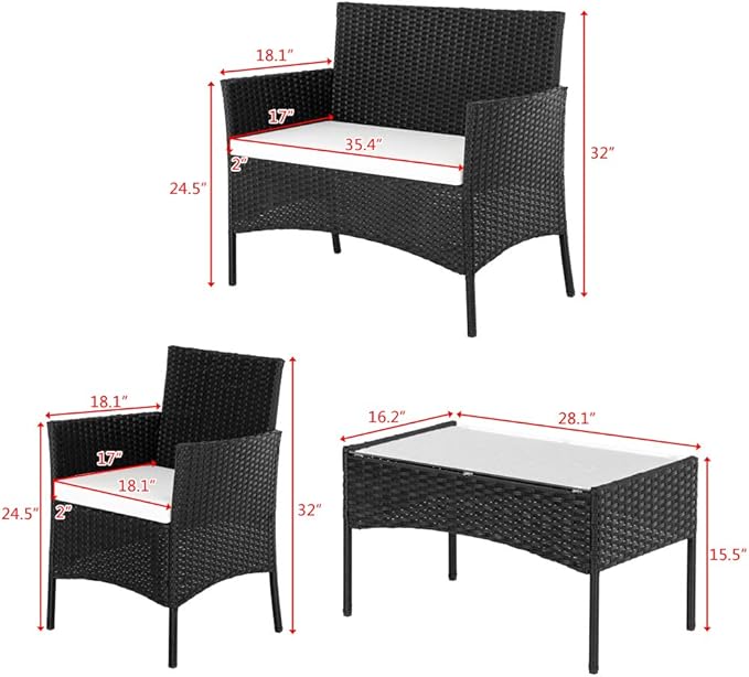 Patio Furniture Set,4 Piece Outdoor Patio Conversation Set with Cushions,All-Weather PE Rattan Sectional Patio Sofa Set with 5mm Thick Tempered Glass Coffee Table,Black