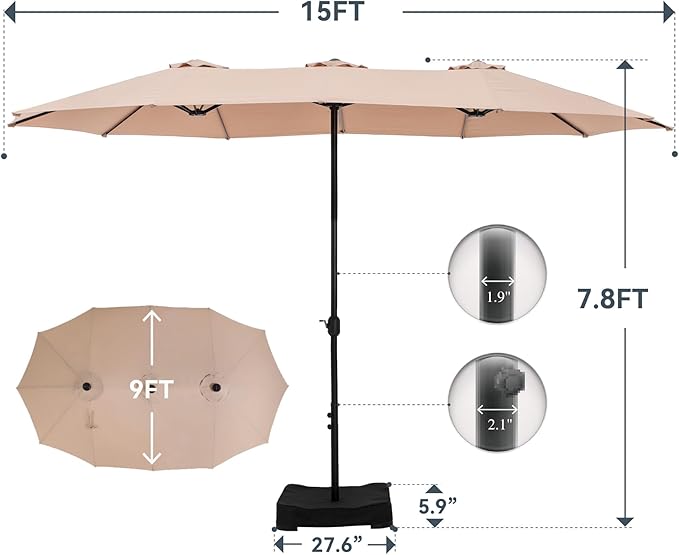 GREEN PARTY 15 ft Rectangular Patio Umbrella with Base Included, Large Double-Sided Outdoor Table Umbrella with Crank, 1.9" Pole UPF 50+ UV Resistant for Pool Deck Backyard Garden, Beige